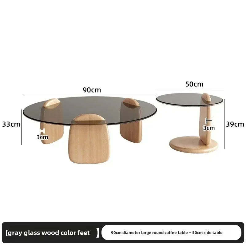 No-EN-Name-Null 2 PCS Modern Brown-Gray Thick High Tempered Glass Round Shaped Tops Solid Oak Rubberwood Three-Legged Design Coffee Table Sets/Easy To Clean/Colors-Gray Glass Tops/Brown Glass Tops