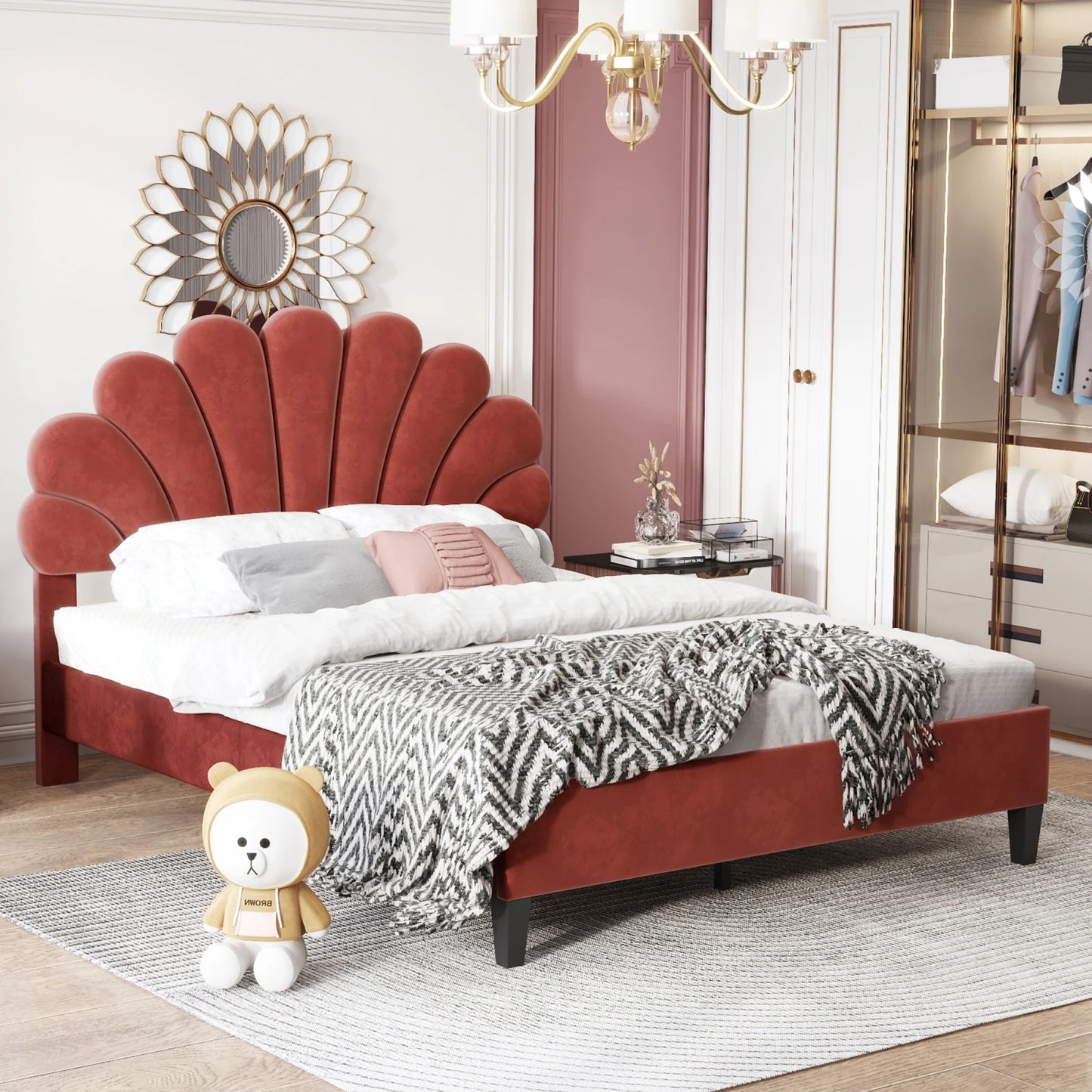No-EN-Name-Null  Modern Upholstery Padded Flower Shaped Soft Velvet Headboard Platform Bed FRAMES / WITHOUT MATTRESS-DRAWER/ Headboard-Slats/Dimensions: 206cm L x 100cm W x 110.5cm H /Colors-Beige/Burgundy/Pink/ Load Capacity: 440.925 LBS
