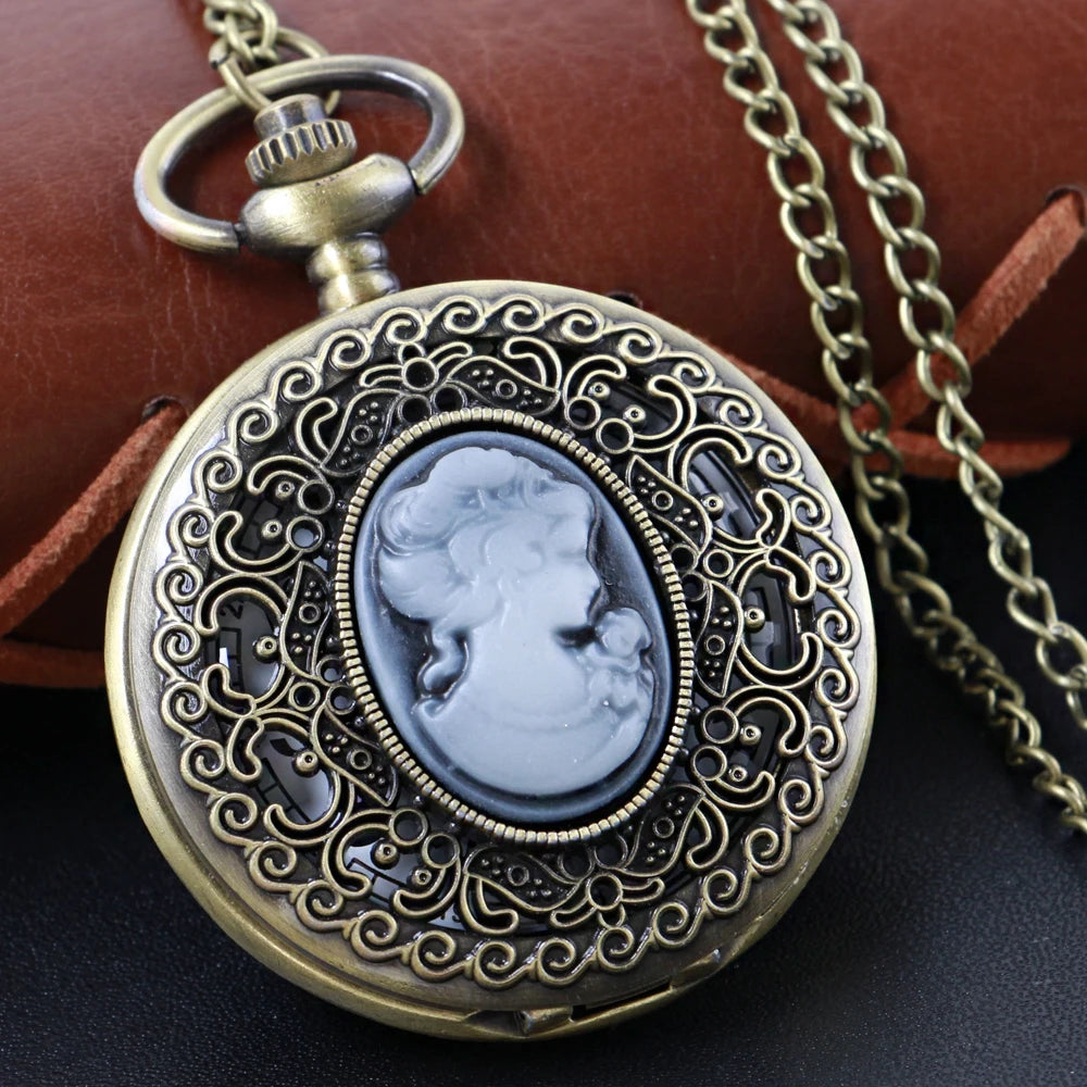 SHUHANG Adults Unisex Quartz Stainless Steel Metal Round Shaped Case Flip-Out Digital-Analog Display Vintage Retro Acrylic Face On Front Women Cameo Portrait Stone In Center On Back Floral Design Bronze Chain-Pocket Watches