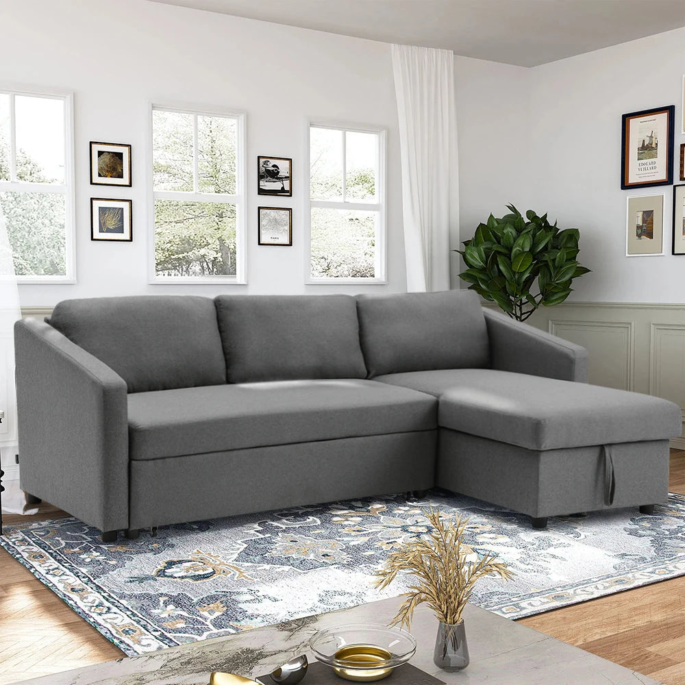 LIVING AND HOME Modern Medium Firm L-Shaped Soft Comfortable Three-Seater Dark Gray Upholstered Padded Hard-Wearing Fabric Foam Cushions Pull-Out Large Double Bed Sleeper With Wheels Wood Frame Left Hand Sectional Sofas/ Hidden Storage