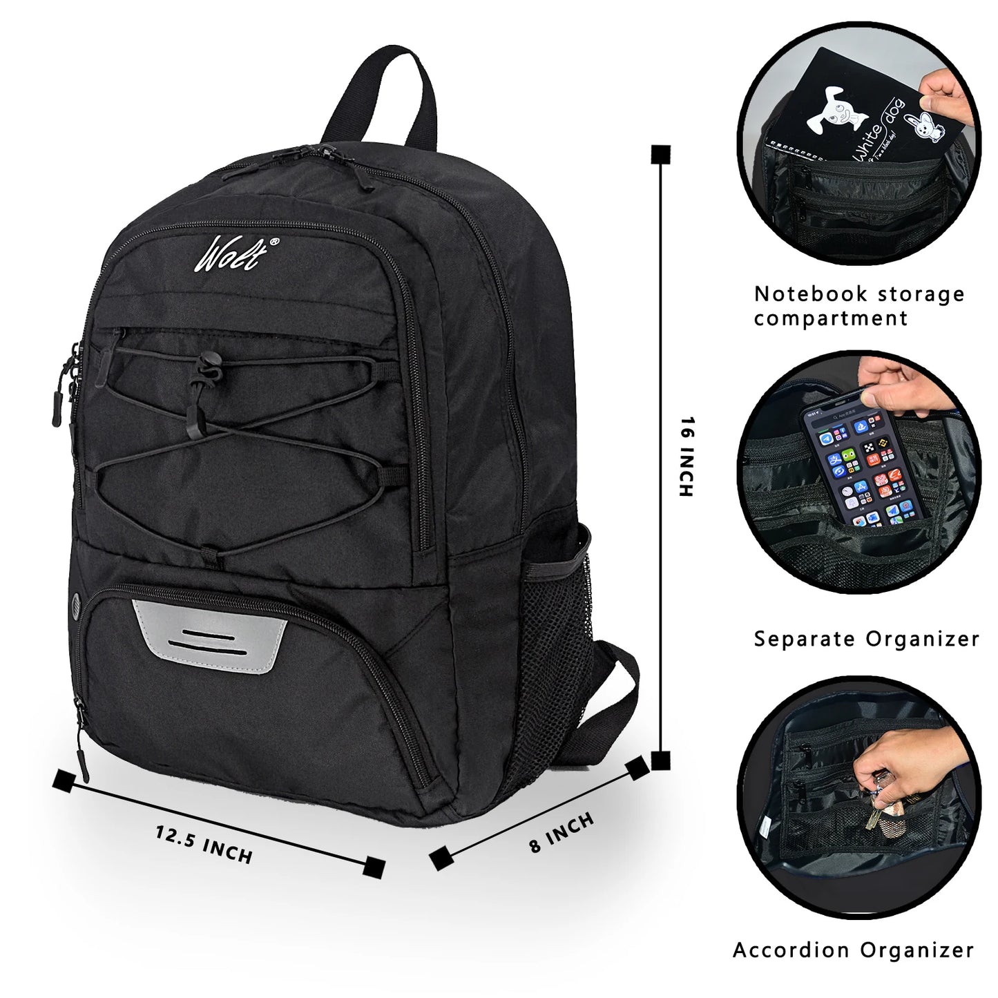 WOLT Young Adults Large Softback Black Polyester Fabric Shoulder Straps-Handle Built-In 16 Inch Padded Laptop Compartment Zipper Front External Pockets Sports Soccer School Backpacks/Colors-Black/Gray/Red/Pink/Blue