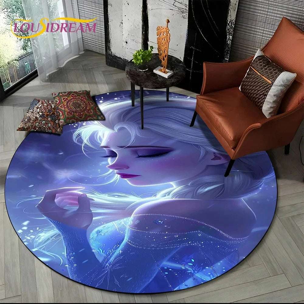 MINISO Indoor-Outdoor Kids Blue Background Round Shaped DISNEY'S Frozen II Movie Cartoon Anime Princess Elsa-Anna-Olaf Design Skid-Proof Bottom Polyester-Flannel Rugs/Colors-Blue/Red/Black/White