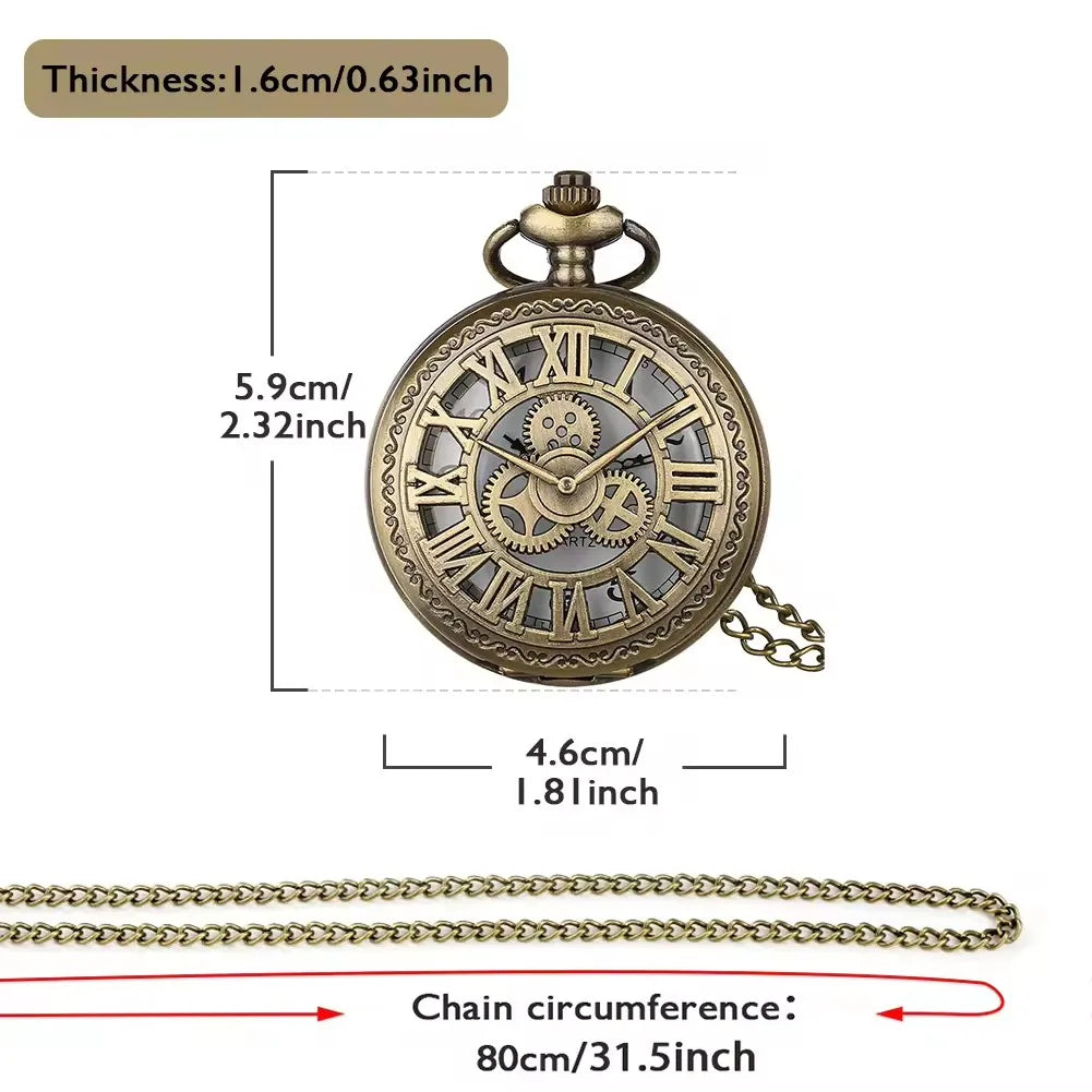 No-EN-Name-Null Adults Antique Brown Bronze Quartz Digital-Analog Display Round Metal Alloy Case Glass Face Hollow-Out Steampunk Gears Roman Numeral Front-Floral Back Design Old Style Pendant Chain-Pocket Watches