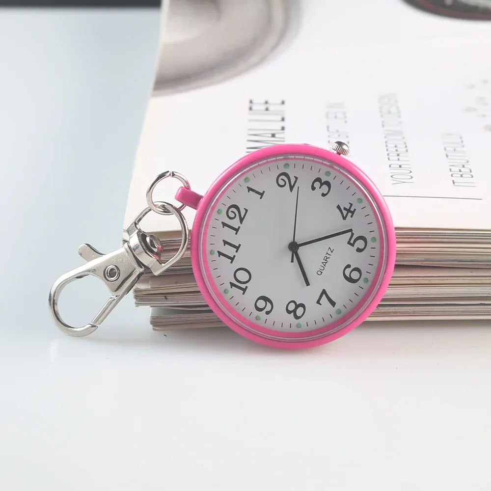 MOONBIFFY Adults Quartz Acrylic Face Silver Round Digital-Analog Display Stainless Steel Metal Lobster Clasp Buckle Nurses-Doctors Hanging Keychain Fob Pocket Watches/Colors-Red Rose/Red/Pink/Black/Silver/Grey/Gold/Dark Blue/Blue/Purple