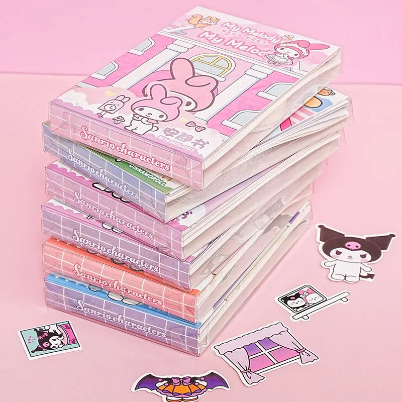 MINISO Kids Mini Sanrio Kawaii Reusable Quiet Book Six Themes Cartoon Scenes Multicolor Paper Stickers-Stickers Machines/Ages: 3-12 Years Old/Colors-Multicolor/Pink/Purple/Checkered