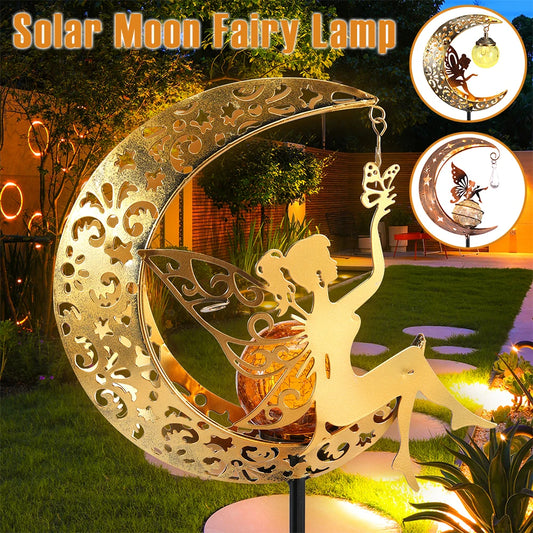 No-EN-Name-Null Outdoor Solar-Powered Fairy Sitting On A Half Moon-Stars Pattern LED Light Iron Metal Body Garden Landscape Pathway Lighting