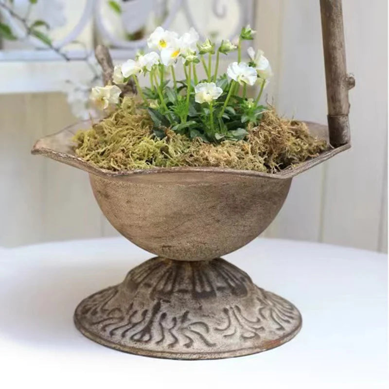 No-EN-Name-Null Outdoor Home Garden Free-Standing Antique Bronze Metal Faucet-Small Bird Plastic Flowerpot Hallow Base Spa Synthetic Birdbaths/ Colors-Bronze/Brown/White/Gray/Floral
