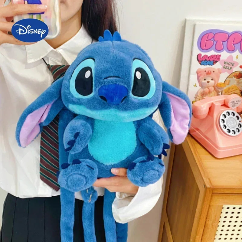 MINISO Lightweight Kawaii Disney's Soft Plush Blue Stitch Doll-On Front Single Compartment Crossbody Shoulder Straps Cotton Fabric School Backpacks