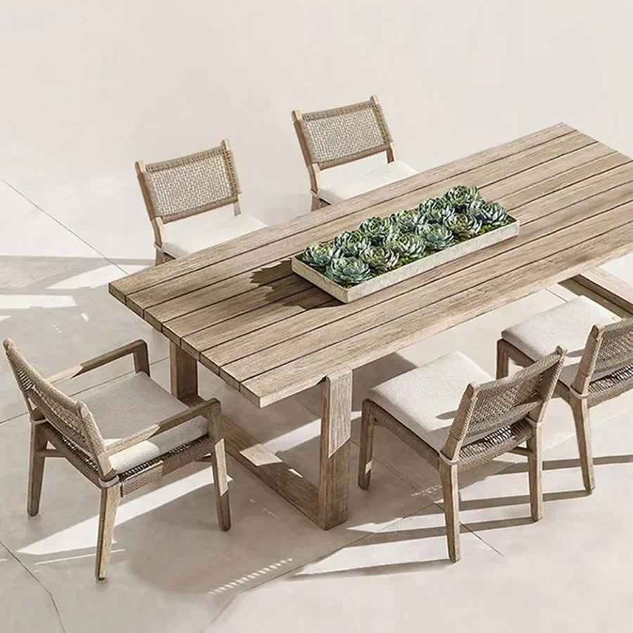 No-EN-Name-Null Outdoor European Free-Standing Brown Rectangle Shaped Wood Frame Table-Bench-Six Mesh Backrest Fabric Beige Cushions Chairs Sets/Colors-Brown/Beige