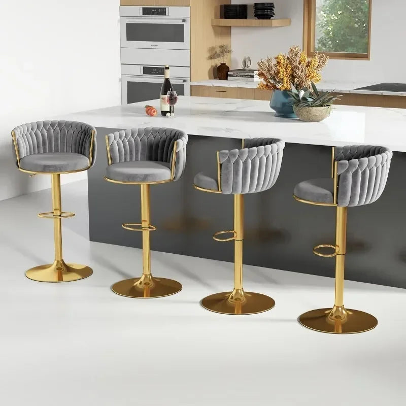 No-EN-Name-Null 4 PCS Modern Black Swivel Woven Low Backrest Soft Upholstered Velvet Seat Cushion Adjustable Height Gold Round Metal Base Non-Slip Rubber Ring Bottom Barstool Sets/ Colors-4 pcs Rose Red/4 pcs Beige/4 pcs Black/4 pcs Gray