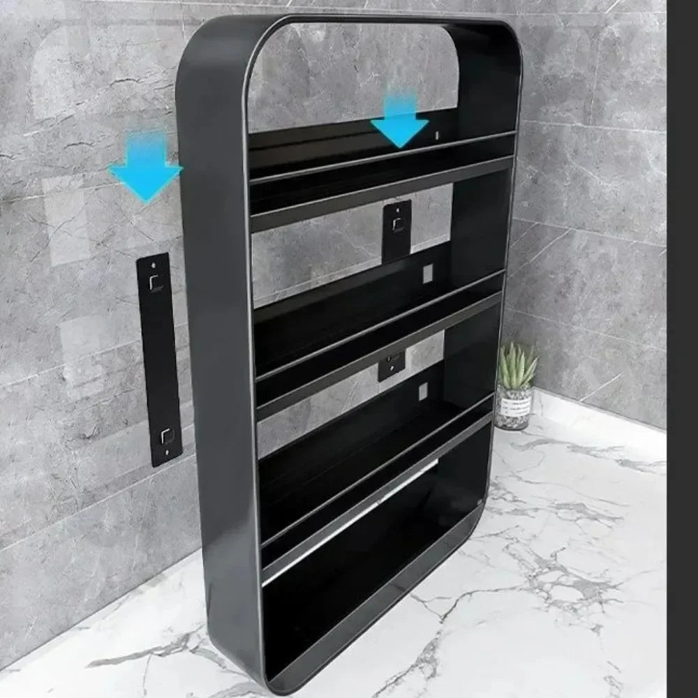 No-EN-Name-Null Modern White-Black Round Corners Vertical Rectangle Steel Metal Four Glass Shelves With Fence Bathroom Wall-Mounted Caddies/Ventilate-Drains