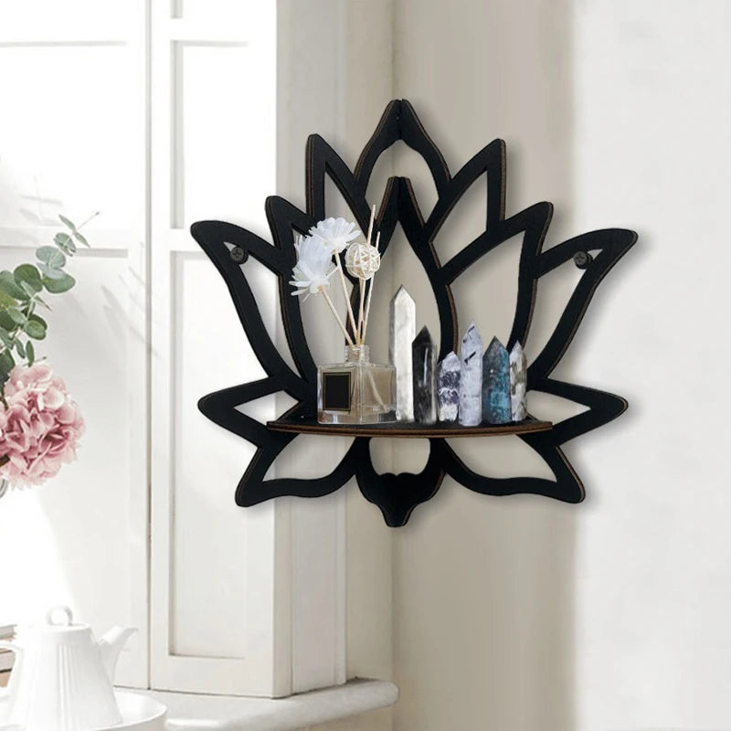 Modern Handmade Unique Creative Bohemia Black Solid Wood Hollow Out Floral Lotus Flower Design Wall Mounted Corner Shelves-Ledges