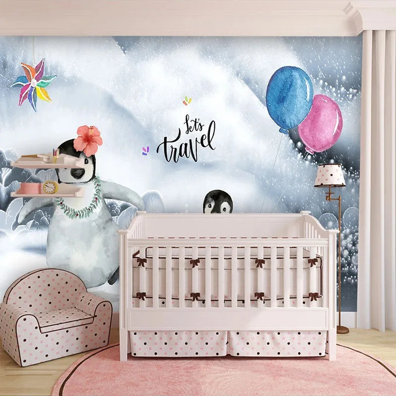 JIADOU Waterproof Canvas Printed 3D Cute Cartoon Blue-Pink Balloons-Two Black-White Penguins-Playing In The Snow-Let`s Travel Self-Adhesive Plastic Decorative Wallpaper/Colors-Blue/Multicolor/Animal/Requires Paste