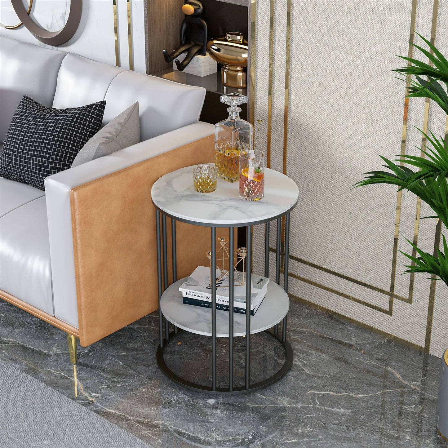 WISFOR Modern Two-Tiers Morocco White Round Shaped Marble Tops-Black Metal Frame Side End Tables
