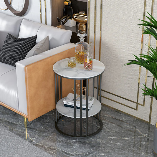 WISFOR Modern Two-Tiers Morocco White Round Shaped Marble Tops-Black Metal Frame Side End Tables