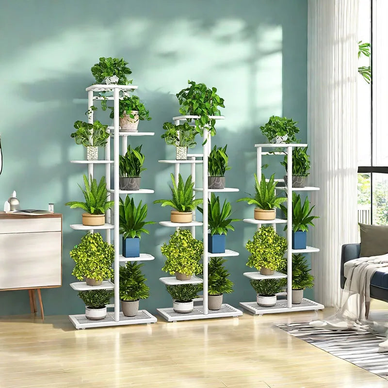 MTSHINING Wood 8 Tier Multi-Layered Shelves Iron Metal Plant Stands/Colors-Black/White,/Brown