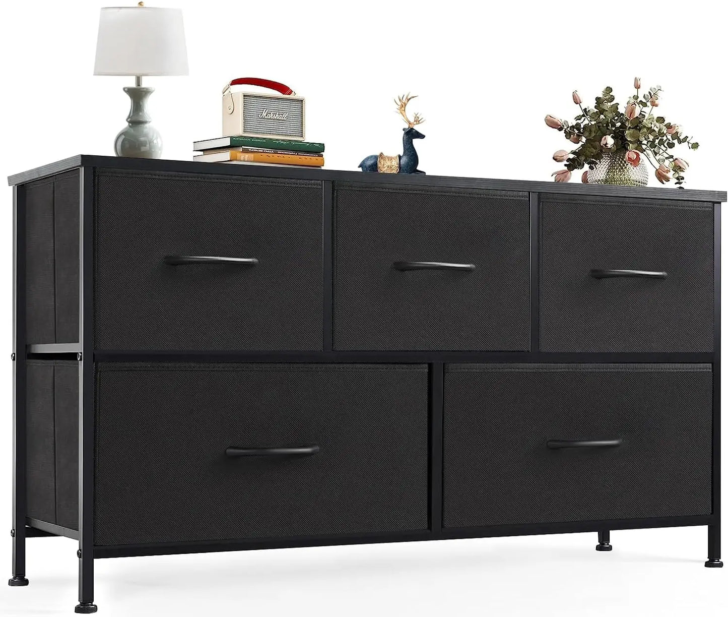 RUO WU Kids Small Rectangle Shaped Black Modern Wood Anti-Tilting Steel Frame Unfinished Adjustable Feet Dressers/5 Fabric Drawers/Plastic Handles/Colors-Black/Brown/Gray/White/Cross Support Bars