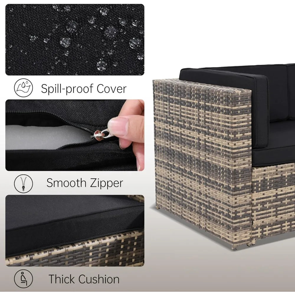 RUO WU 8 PCS Modern Geometric Black-Brown-Beige Zippered Waterproof Soft Cushions-Natural Wicker Rectangular Patio Rattan Outdoor Furniture Sets/Tempered Glass Coffee Table-Storage