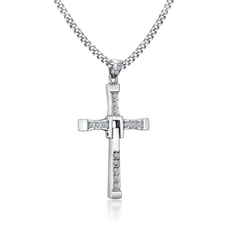 MEAEGUET Adult Unisex Fine Imitation Three Layer Silver-Plated Stainless Steel Silver-Black-Gold Colored Metal Clear White Shiny Cubic Zirconia Diamond-Like Gemstones Cross Pendant Chain Necklaces