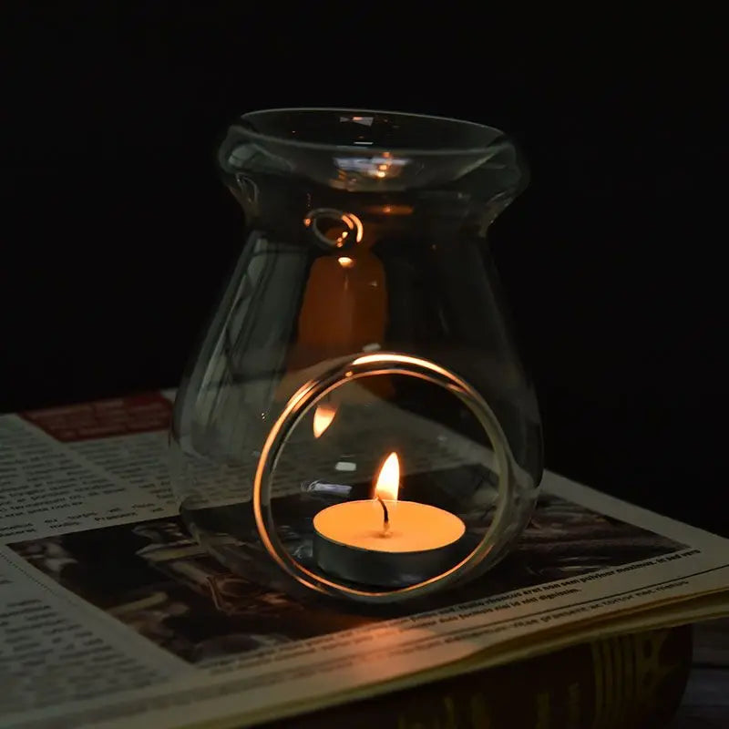 YOWEI Nordic Modern Blow Clear Crystal Borosilicate Glass Iron Tealight Candle Heat Resistant Oil Aroma Burner Candle Holders