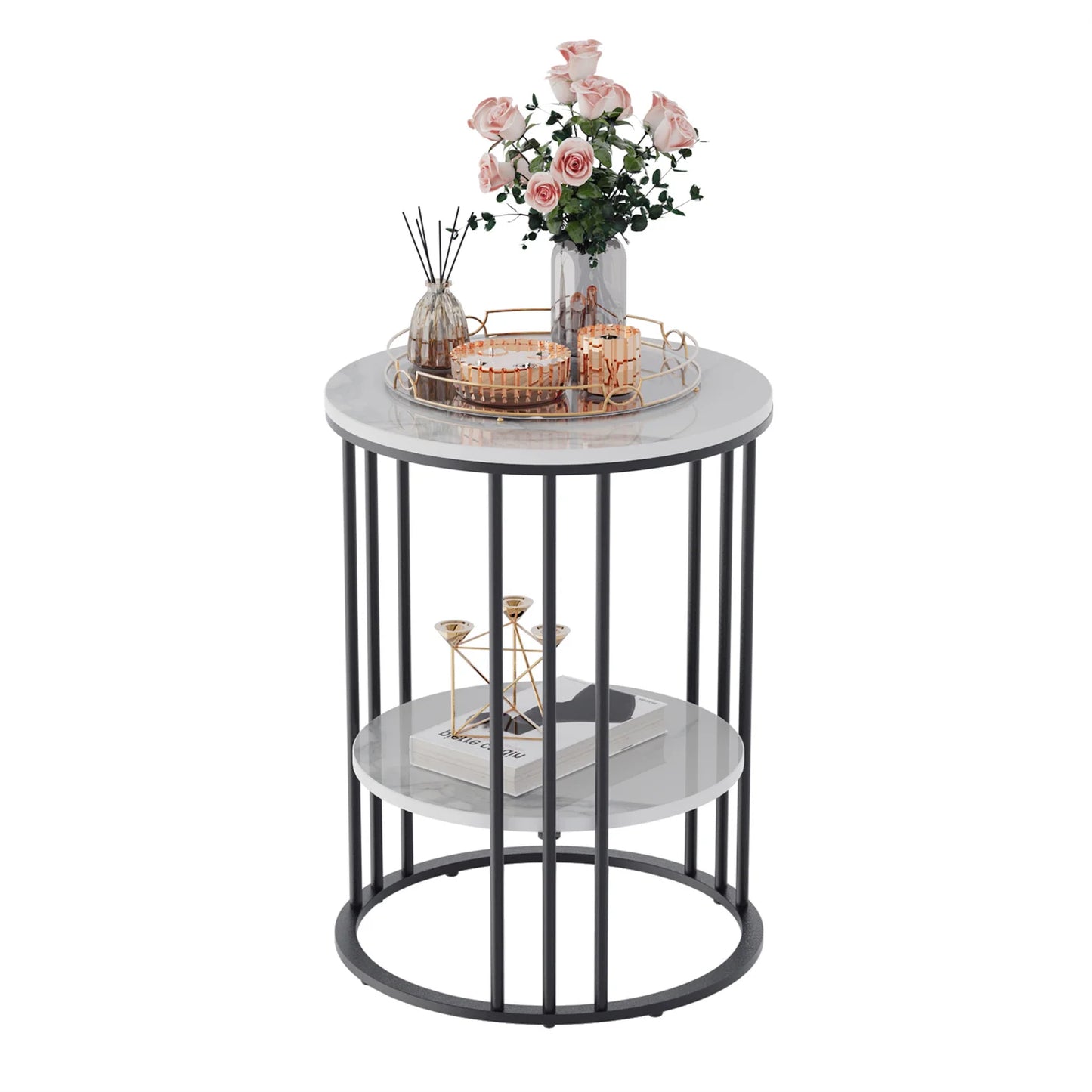 WISFOR Modern Two-Tiers Morocco White Round Shaped Marble Tops-Black Metal Frame Side End Tables