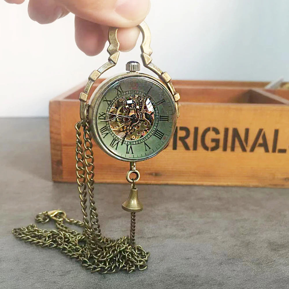 GORBEN Adults Unisex Antique Gold Round Shaped Analog Display Hand Winding Stainless Steel Metal Clear Transparent Eyeball Roman Numeral Mechanical Tassel Chain-Pocket Watches