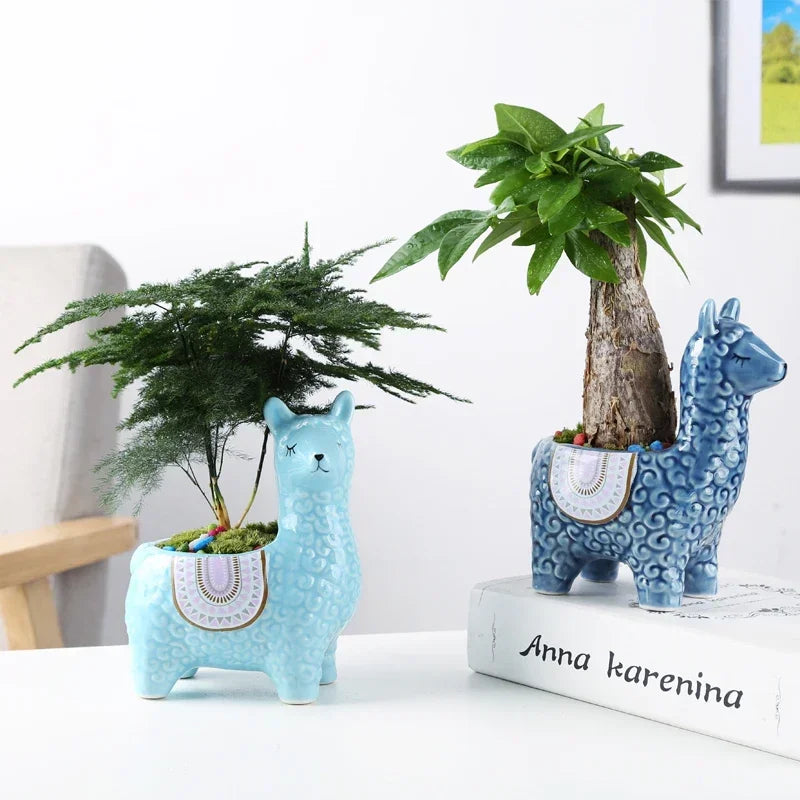 No-EN-Name-Null Home Garden Unglazed Ceramic Blue Cute Cartoon Alpaca-Owls Animal Mini Succulent Desktop Flower Pots Planters /Colors-Red/White/Blue/Gold/Animals
