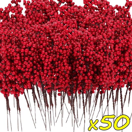 50PCS Branch Indoor Artificial Plastic Foam Non-Flowering Red Holly Berries Flower Bouquet Plants
