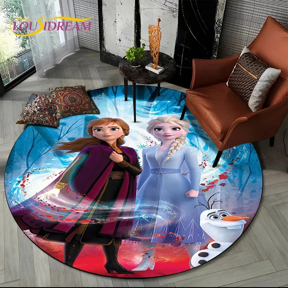 MINISO Indoor-Outdoor Kids Blue Background Round Shaped DISNEY'S Frozen II Movie Cartoon Anime Princess Elsa-Anna-Olaf Design Skid-Proof Bottom Polyester-Flannel Rugs/Colors-Blue/Red/Black/White