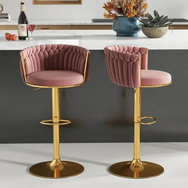 No-EN-Name-Null 4 PCS Modern Black Swivel Woven Low Backrest Soft Upholstered Velvet Seat Cushion Adjustable Height Gold Round Metal Base Non-Slip Rubber Ring Bottom Barstool Sets/ Colors-4 pcs Rose Red/4 pcs Beige/4 pcs Black/4 pcs Gray