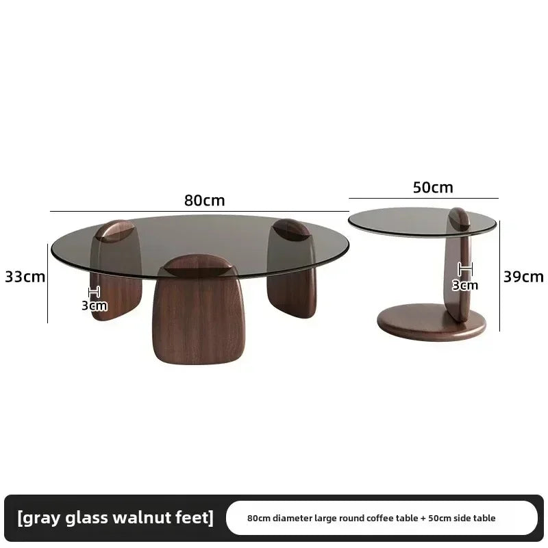 No-EN-Name-Null 2 PCS Modern Brown-Gray Thick High Tempered Glass Round Shaped Tops Solid Oak Rubberwood Three-Legged Design Coffee Table Sets/Easy To Clean/Colors-Gray Glass Tops/Brown Glass Tops