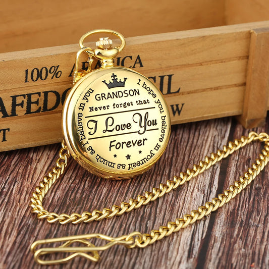 YISUYA Adults Quartz Analog Display Round Gold Metal Alloy Case Acrylic Face Engraved To My Grandson Never Forget That I Love You Forever Design Gold Chain-Pocket Watches /Colors-Bronze/Gold/Black