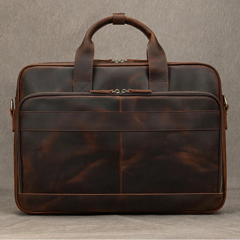 NEWSBIRDS Men Modern Rectangle Shaped Brown-Black Genuine Cowhide Leather Built-In 14-15.6 Inch Single Laptop Compartment Metal Zipper Two Handles-Detachable-Adjustable Shoulder Strap Briefcases