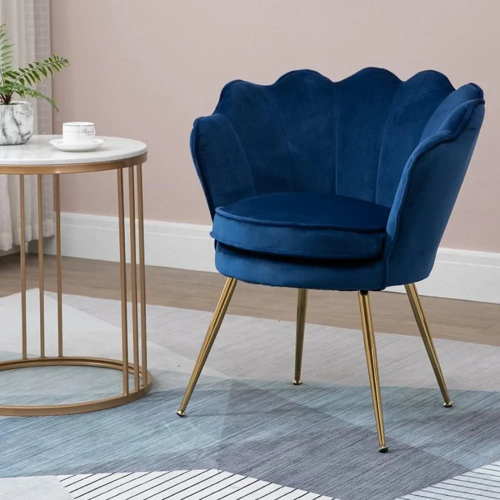 RUO WU Modern 2 PCS Beige-Blue Upholstered Padded Soft Skin-Friendly Velvet Fabric Shell-Shaped Cushions Four Gold Metal Legs Armchair Sets