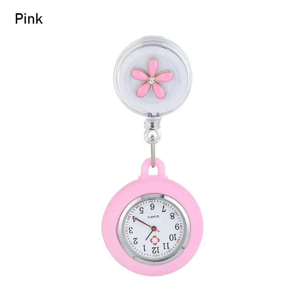 No-EN-Name-Null Adults Waterproof Glass Face Round Shaped Quartz Digital-Analog Display Nurse-Doctor Cute Flower Design Pink Silicone Cover Metal Alloy Case Clip-On Retractable Fob Pocket Watches/Colors-Pink/Black/Blue/White