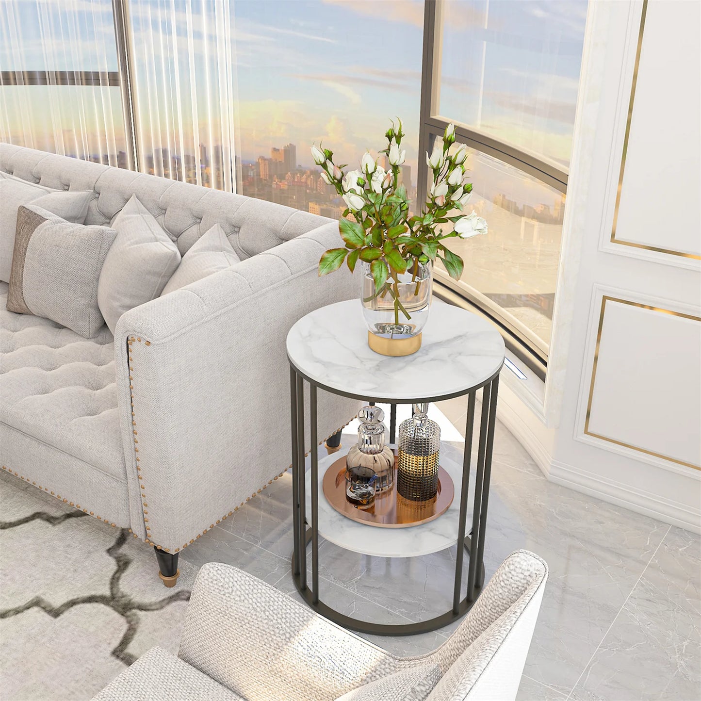 WISFOR Modern Two-Tiers Morocco White Round Shaped Marble Tops-Black Metal Frame Side End Tables