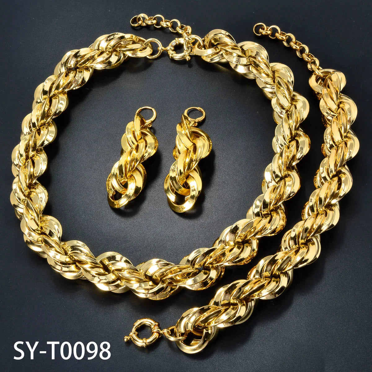 CHARMOMENT Women Fine Imitation Copper Metal Gold Big Chunky Twisted Rope Necklace-Bracelet-Big Dangle Drop Earrings Engagement Jewelry Sets