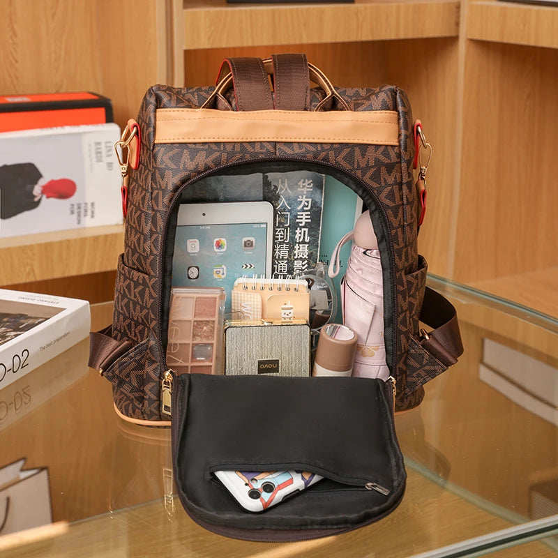 Cartoon trend bear print women backpack, texture anti-theft all-in-one travel backpack, playful bear hanging ornaments
