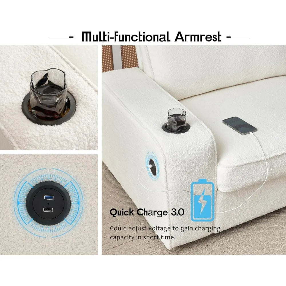 NULL Modern Large Upholstered Off White Soft Plush Breathable Boucle Fabric Deep Three-Seater Reinforced Wood Base Built-In Cupholders Sectional Sofas/Quick-Charging USB Ports/89 Inch Wide Armrest Storage/850 LBS  Weight Capacity