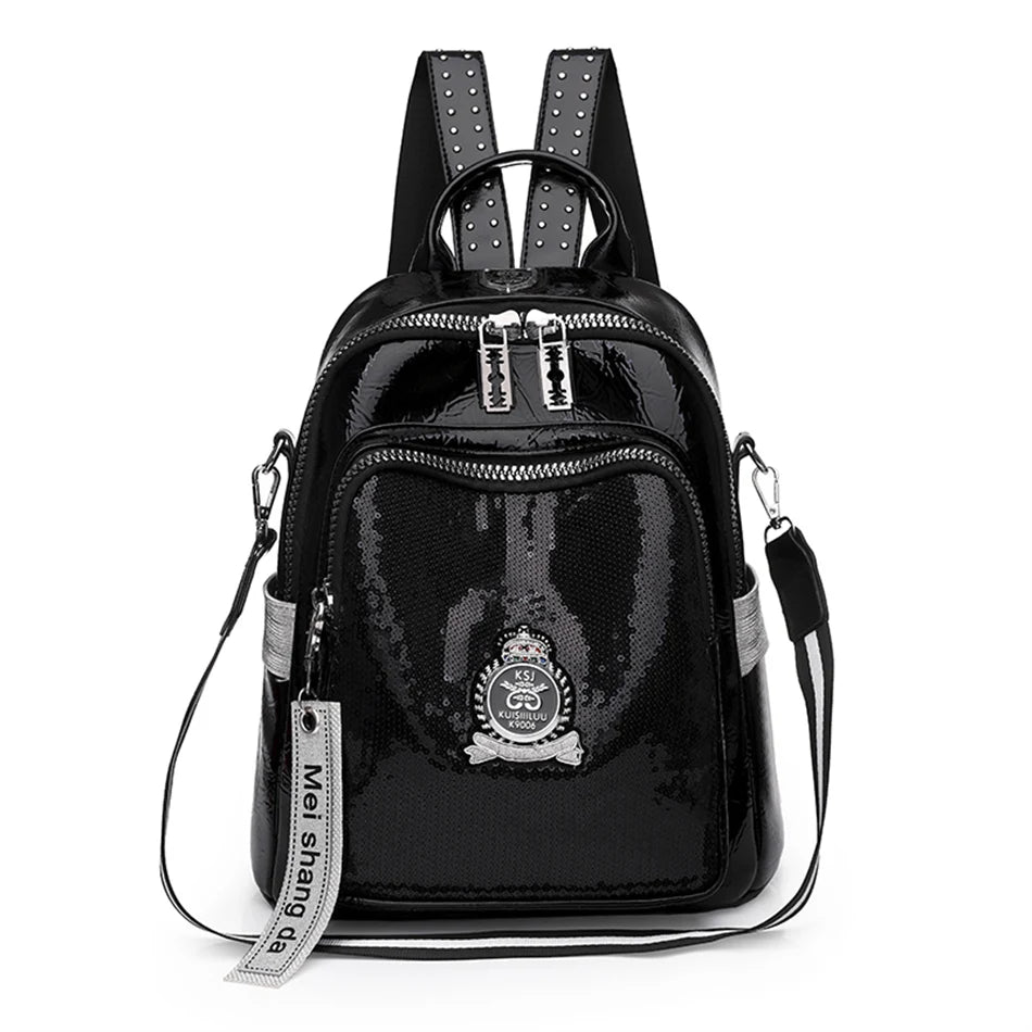 LONOOLISA Women Large Black-White Faux Leather Letter Sequins Logo On Front  Design Built-In Laptop Compartment Polyester Lining Shoulder Straps-Handle External Pockets Double Zippers Backpacks/Interior Slit Pocket/Interior Zipper Pocket