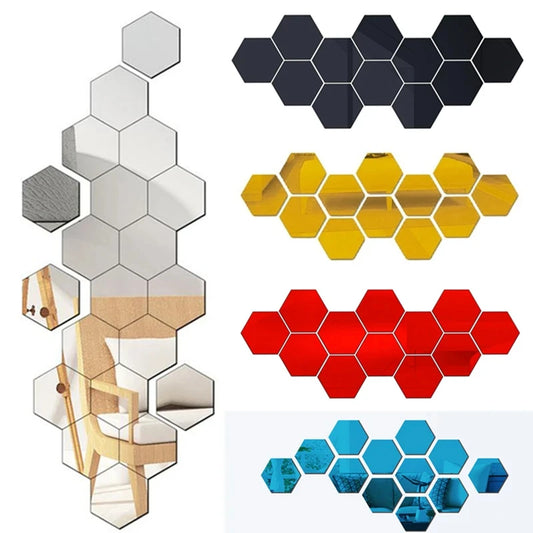 12/24Pcs 3D Hexagon Self Adhesive Removable Acrylic Wall Mirror Stickers/Colors-Silver/Red/Blue