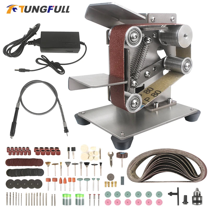 TUNGFULL Outdoor Waterproof Cover Polished Silver Stainless Steel Plated Full Body 7 Adjustable Speeds Control Gears AC-DC Powered Mini Electric Belt Sanders/Colors-Silver/Gray/Black/220V 110V/ US Plug/Electrical Components/Dust Cover