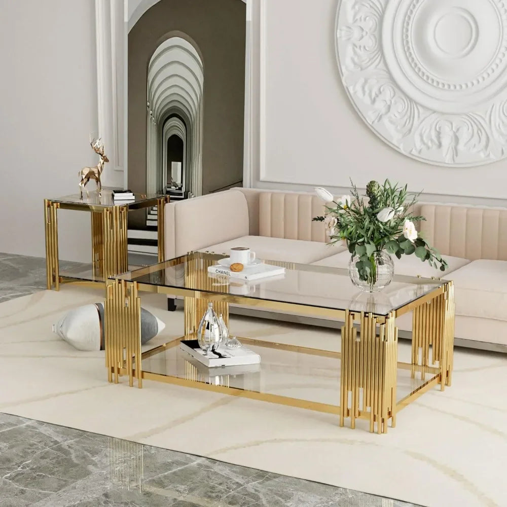 RUO WU Modern Clear Tempered 8MM Thick Glass Top Rectangle Shaped Gold Stainless Steel Pipe Welded Legs Coffee Tables