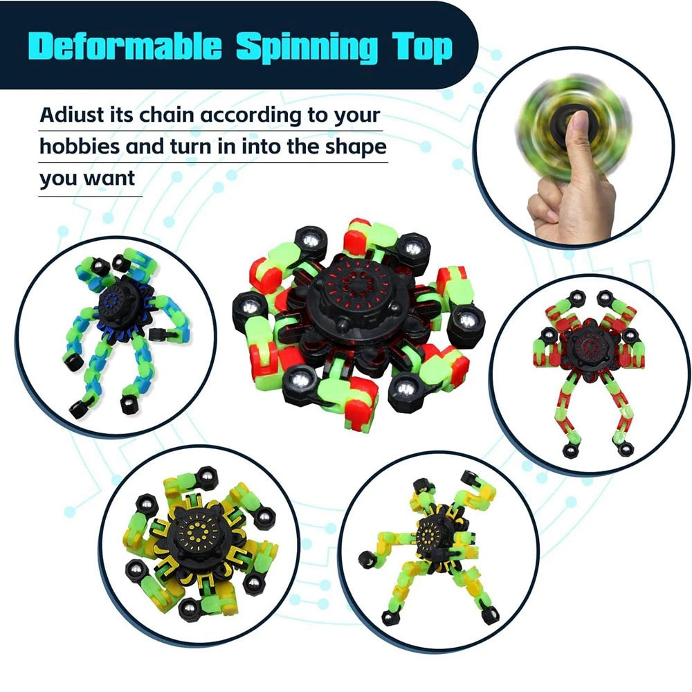 4 PCS Set ABS Plastic Fidget Spinning Top Glow-In-The-Dark Fingertip Funny Multicolor Deformable Robot Toys/ Ages: 13-18 + Years Old Adults/ Colors-Green/Black/Yellow/Multicolor/Striped/Geometric