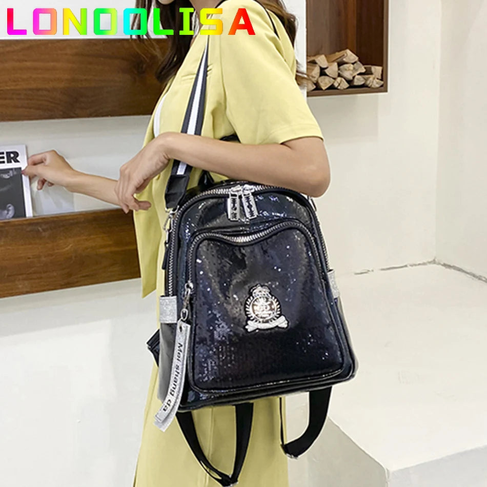 LONOOLISA Women Large Black-White Faux Leather Letter Sequins Logo On Front  Design Built-In Laptop Compartment Polyester Lining Shoulder Straps-Handle External Pockets Double Zippers Backpacks/Interior Slit Pocket/Interior Zipper Pocket