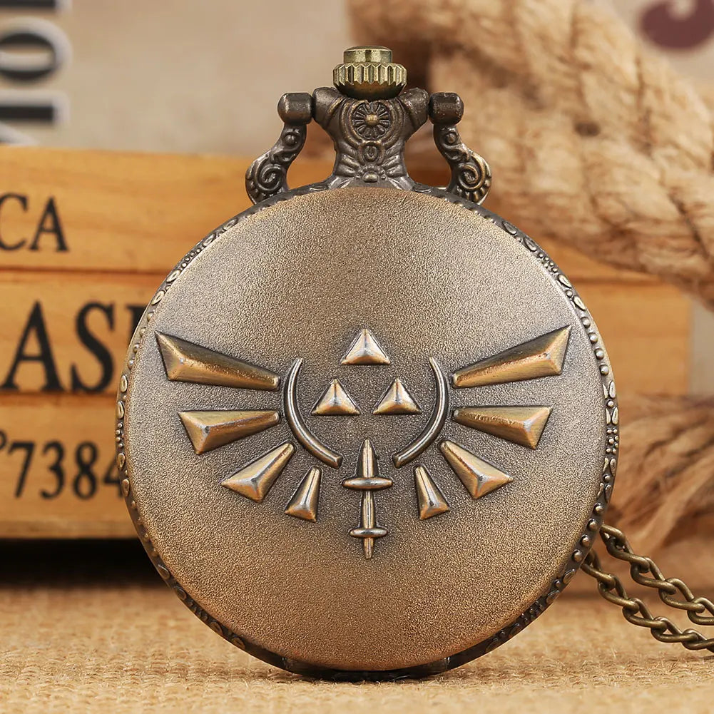 YISUYA Adults Antique ZELDA Design Quartz Acrylic Face Analog Display Steampunk Retro Bronze Round Shaped Metal Alloy Case Bronze Thick-Thin Pendant Necklace Chain-Pocket Watches