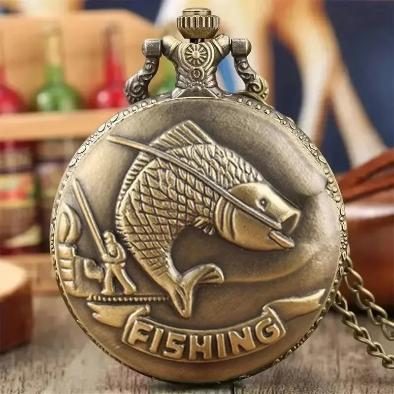 No-EN-Name-Null Adults Antique Quartz Analog-Digital Display Silver-Gold Fisherman Rod-N-Reel Catching A Gold Fish Embossed Text Fishing On Bottom Chain-Pocket Watches/Colors-Yellow/Brown/Orange/Gold/Black/White/Grey/Silver