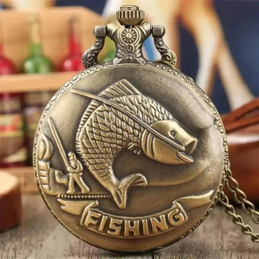 No-EN-Name-Null Adults Antique Quartz Analog-Digital Display Silver-Gold Fisherman Rod-N-Reel Catching A Gold Fish Embossed Text Fishing On Bottom Chain-Pocket Watches/Colors-Yellow/Brown/Orange/Gold/Black/White/Grey/Silver