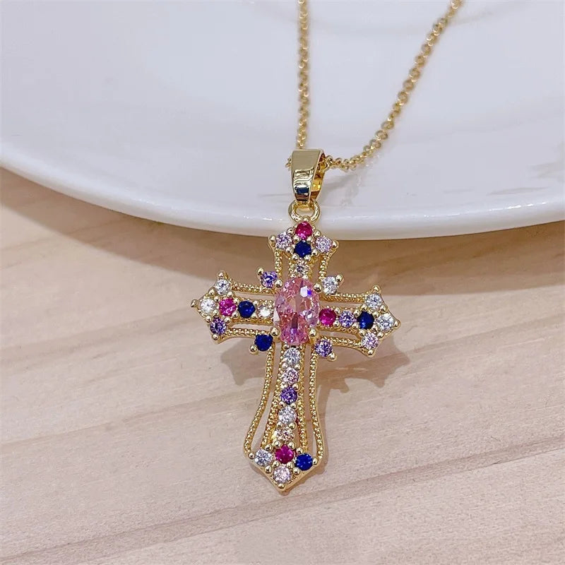 No-EN-Name-Null Women European-American Stainless Steel Gold-Plated Metal Imitation Jewelry O-Chain Shiny Clear White Diamond-Like-Multicolor Gemstones Large Punk Cross Pendant Necklaces/Colors-Multicolor/Clear/Pink/Gold/Geometric