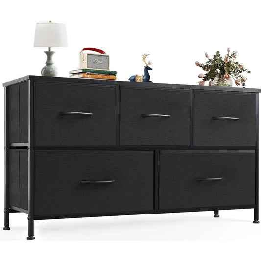 RUO WU Kids Small Rectangle Shaped Black Modern Wood Anti-Tilting Steel Frame Unfinished Adjustable Feet Dressers/5 Fabric Drawers/Plastic Handles/Colors-Black/Brown/Gray/White/Cross Support Bars